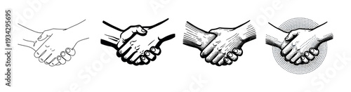 Various styles of handshakes depicting agreement, partnership, and collaboration concepts in a graphic vector illustration.