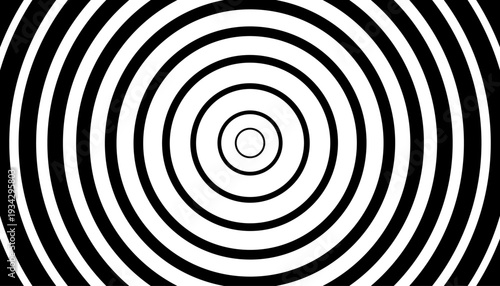 Abstract circular ripple halftone pattern with black and white alternating rings. This clean illustration mimics water waves or vibration pulses, perfect for science and technology backgrounds.