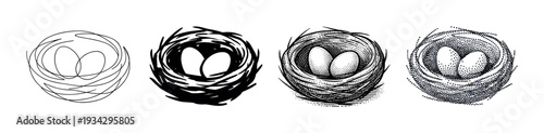 Four different stylized bird nests with eggs illustrations showcasing various artistic techniques and graphic design elements.