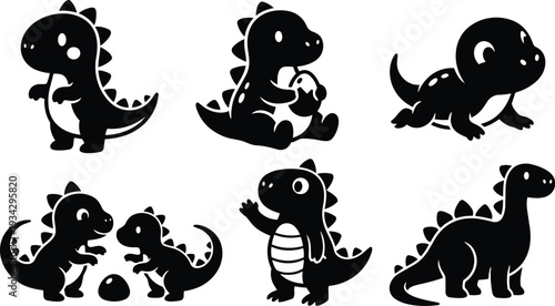 Cute cartoon dinosaur icon set showing six different baby dinosaurs standing sitting crawling and interacting with egg in simple black silhouette vector style front view playful
