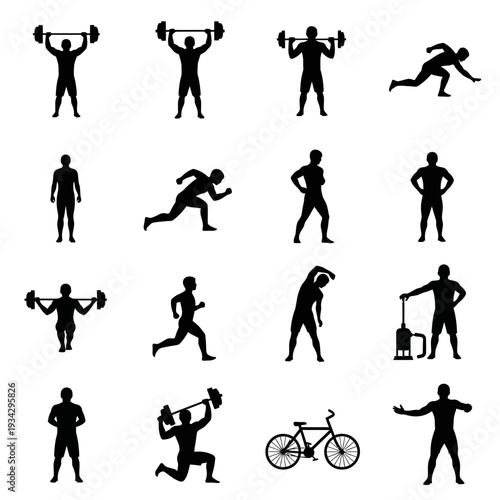 A collection of black silhouettes depicting various sports and fitness activities