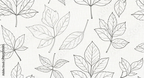 Seamless pattern of hand drawn autumn leaves in black and white.