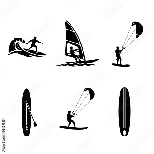Black silhouettes of people doing various water sports