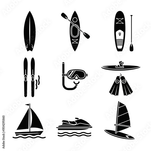 Collection of water sports equipment icons