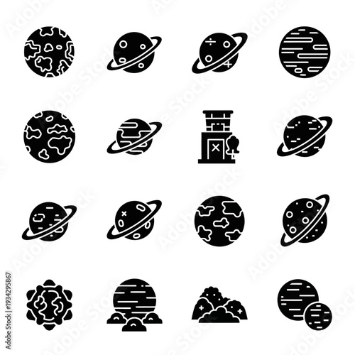 A collection of black and white icons depicting planets and celestial bodies