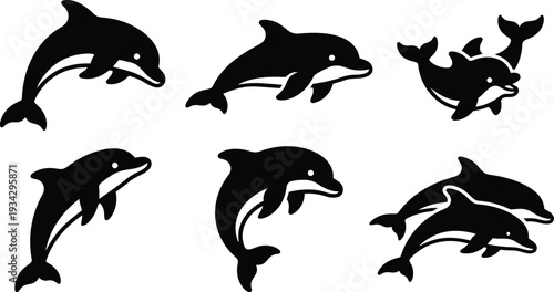 Minimalist vector dolphin icon set six black silhouettes various swimming poses side view two dolphins leaping playful marine wildlife flat design simple shapes studio isolated emblem