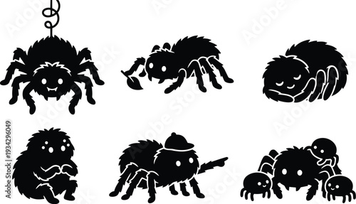 Cute fluffy spider character set showing hanging close up crawling sleeping sitting pointing with detective hat mother spider with babies flat vector illustration friendly black silhouettes
