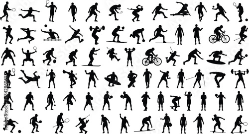 Large collection of sports silhouettes with athletes playing tennis, cycling, skiing, weightlifting, swimming and running on white background, cad drawing flat vector illustration