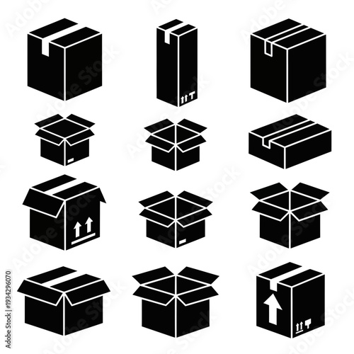 A collection of black and white icons depicting various boxes and parcels