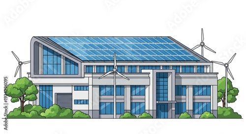Modern Building with Solar Panels and Wind Turbines.