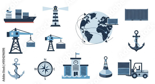 Maritime Industry Logistics and Transportation Icons.