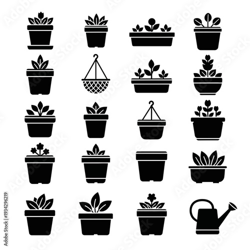 A collection of black and white plant pot icons