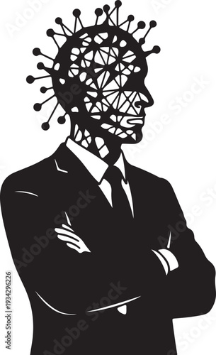 "Artificial intelligence pandemic vector illustration showing executive with virus-shaped head and neural network nodes symbolizing health, technology, and digital connectivity"