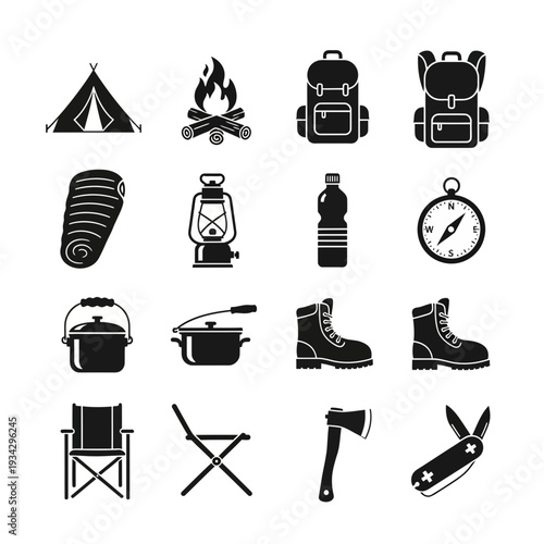 A collection of icons related to camping and outdoor activities