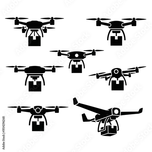 A group of drone silhouettes in various orientations