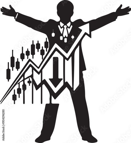 "Financial volatility vector illustration showing businessperson silhouette with candlestick charts, fluctuating arrows, and market trend symbols representing trading dynamics and investment challenge