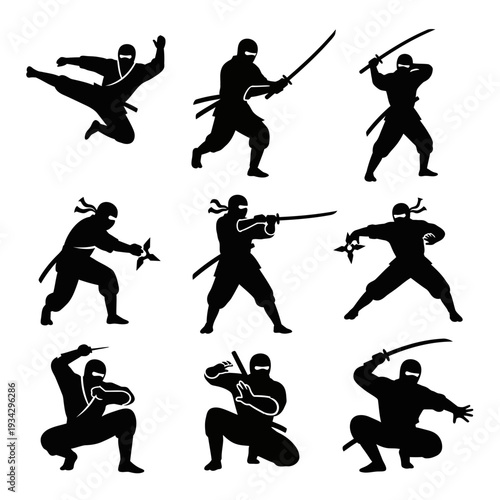 Ninja silhouettes in various fighting poses and stances