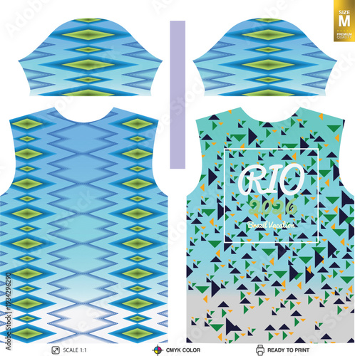 Sublimation Jersey Print Design with Rio 2016 Theme Featuring Geometric Patterns and Abstract Triangle Graphics for Sports Apparel