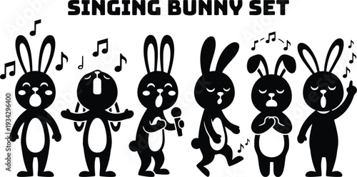 Cartoon singing bunny characters in lineup with musical notes microphone closed eyes varied poses flat vector art black silhouettes playful stage mood retro rounded icon set