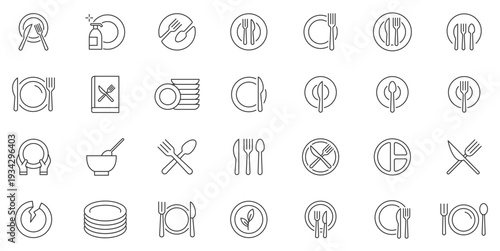 Minimal Dining Equipment Outline Icons. Tableware, Cutlery And Restaurant Vector Set