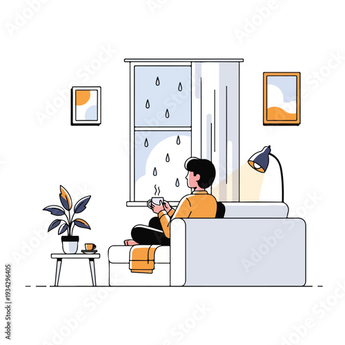 A woman sits on a couch, looking out a rainy window while holding a mug, with a plant and lamp nearby in a cozy living room.