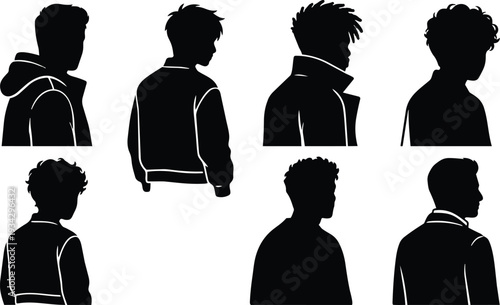 Minimalist vector art close up side and back silhouettes of seven young men wearing jackets and hoodies showing profiles curly hair varied hairstyles high contrast black