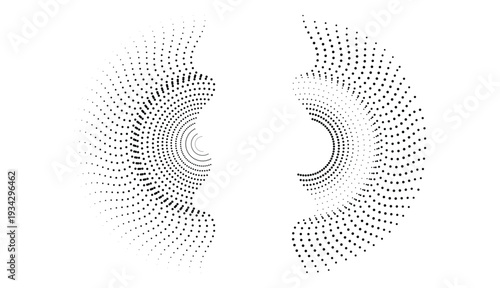 Abstract spiral vortex halftone dot pattern, black halftone circle design element, minimal vector illustration.
