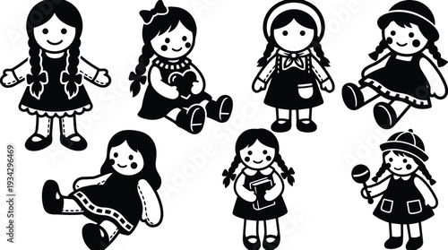 Flat design vector set of seven smiling braided hair dolls sitting and standing holding heart book and rattle in black silhouette playful cute minimalist front facing