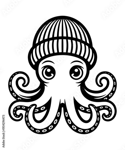 Cute Cartoon Octopus Wearing a Beanie Line Art