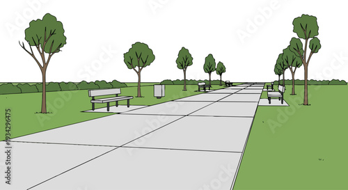 Flat 2D illustration of an empty urban city park with a pathway, featuring trees and benches in a clean and minimalist design.