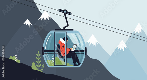 Remote Work in Cable Car: Person Working on Laptop with Mountain Views