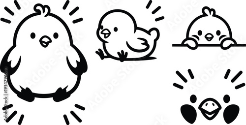 Minimalist cute vector chick icon set close up three quarter view peeking chick sitting spinning chick facing camera simple black line art for stickers and logos