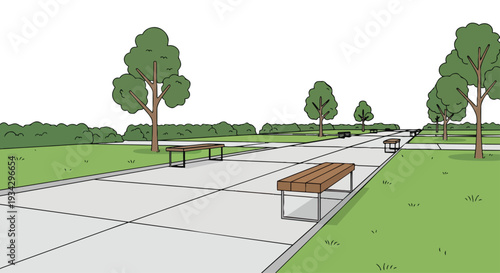 Flat 2D illustration of an empty city park with a pathway, featuring trees, benches, and a concrete walkway in an urban setting.