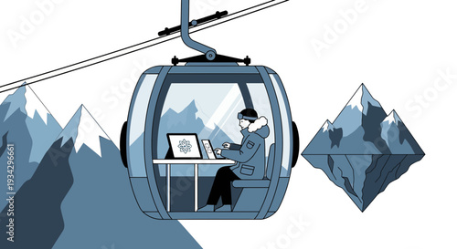 Remote Work in Ski Resort: Person Working in Cable Car Gondola with Mountains