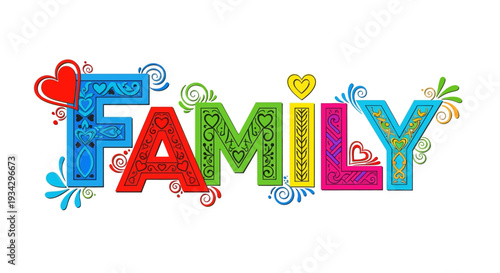 Vibrant family titlepage with ornate lettering and decorative hearts viewed straight on