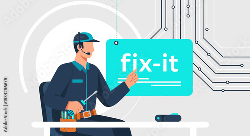 Repairman with Fix-It Sign and Circuit Board Background