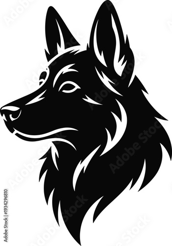 German Shepherd dog head silhouette vector illustration, bold animal design with sharp lines, lifestyle motifs, pet artwork, and branding overlay