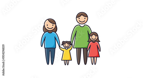 Illustration of a family with two adults and two children standing together in a simple graphic style
