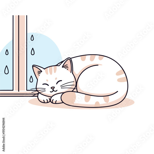 A cute cartoon cat sleeps peacefully on a floor beside a window with raindrops on a sunny day.