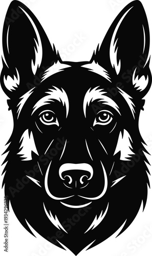 German Shepherd dog head stylized vector illustration, bold animal design with sharp contrasts, lifestyle motifs, pet artwork, and branding overlay