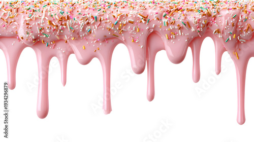 Ultra realistic HD pink icing drip with sprinkles sweet texture, isolated on white background