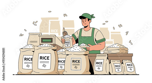 Rice Vendor with Sacks of Rice in a Market Stall