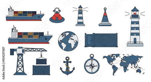 Maritime Transportation and Navigation Icons Set.
