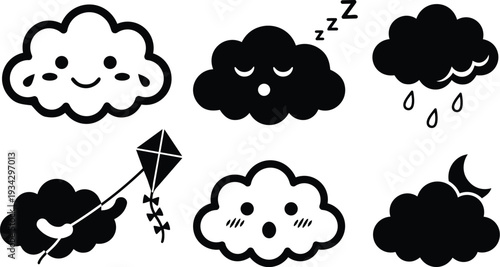 Minimalist black cloud icon set including smiling crying sleeping raining kite flying moon and surprised faces in flat vector art with bold outlines playful scalable editable