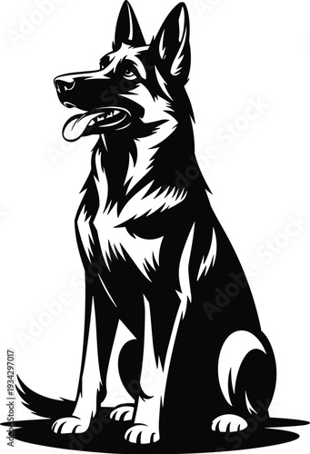 German Shepherd dog sitting vector illustration, bold animal design with perked ears, open mouth, lifestyle motifs, and branding artwork