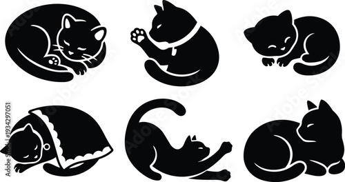 Minimalist vector art close up sleeping black cat silhouettes curled and stretching set showing paw details blanket draped kitten side view flat icon style soft contour