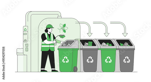 Recycling Plant Worker Sorting Waste into Bins