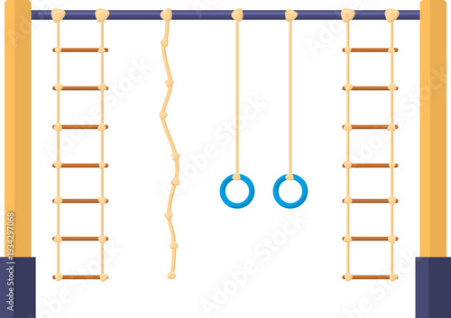 Playground equipment showing rope ladders and gymnastic rings