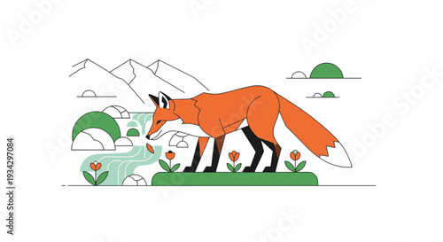 Red Fox Exploring Nature, Waterfall, Mountains, Flowers, Clean Flat Illustration
