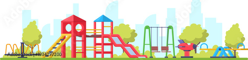Colorful kids playground equipment ready for playing fun